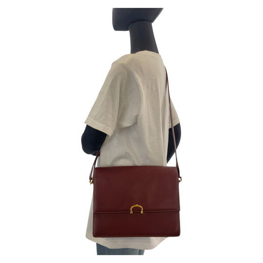 CARTIER Shoulder Bag leather Wine Red Bordeaux Gold Metal Crossbody Shoulder Bag Messenger Bag Must Line Women Used Authentic
