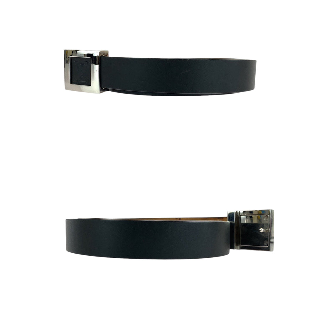 LOUIS VUITTON belt M6896 leather black belt square buckle Saintur LV stamp mens Used Authentic