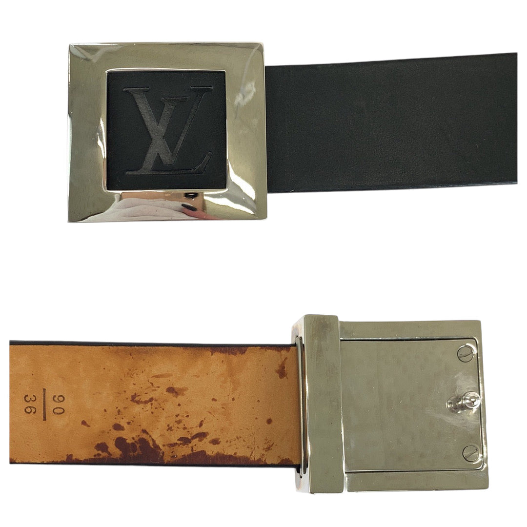 LOUIS VUITTON belt M6896 leather black belt square buckle Saintur LV stamp mens Used Authentic