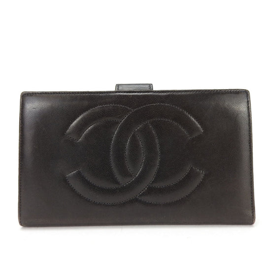 CHANEL Long Wallet Purse lambskin black COCO Mark Women Used Authentic