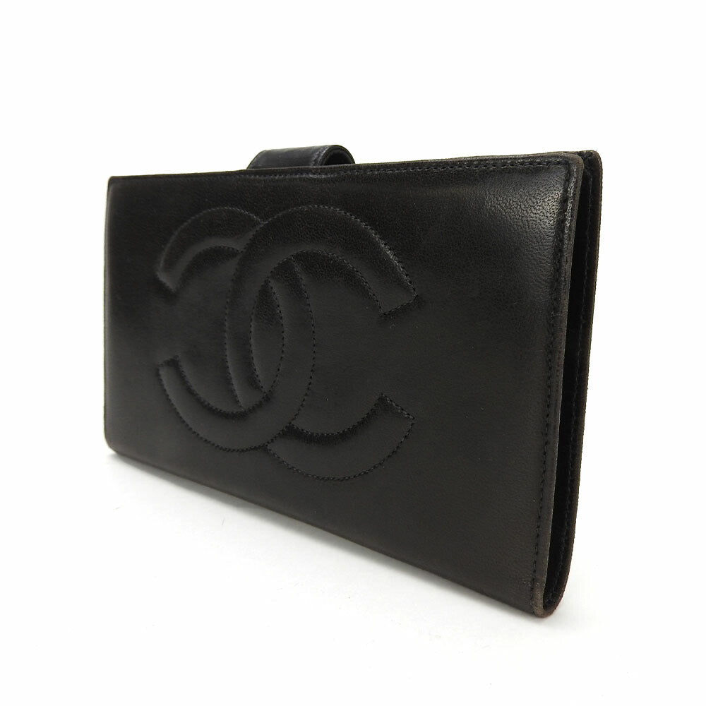 CHANEL Long Wallet Purse lambskin black COCO Mark Women Used Authentic