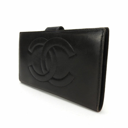 CHANEL Long Wallet Purse lambskin black COCO Mark Women Used Authentic