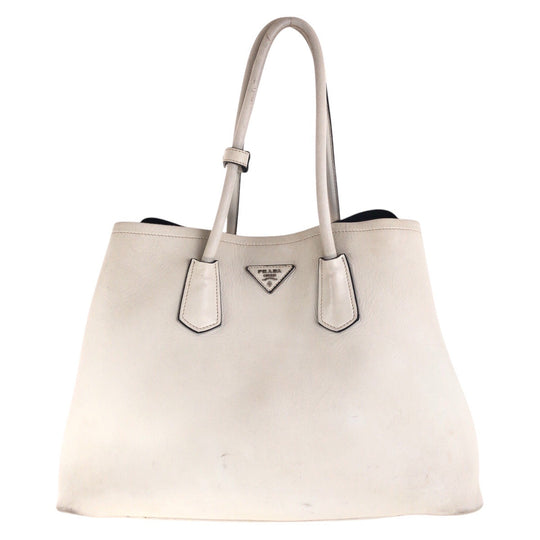 PRADA Tote Bag leather White SilverMetal Tote Bag Shoulder Bag Triangle With logo Women Used Authentic