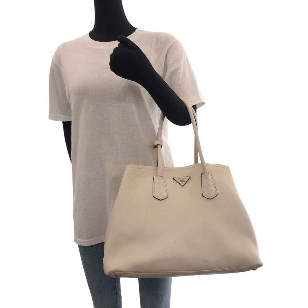 PRADA Tote Bag leather White SilverMetal Tote Bag Shoulder Bag Triangle With logo Women Used Authentic