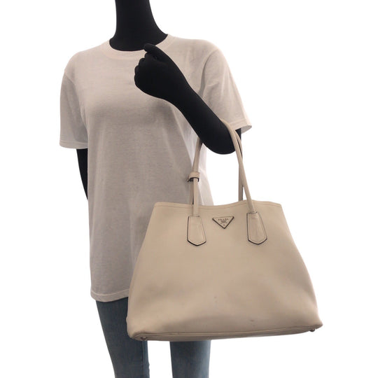 PRADA Tote Bag leather White SilverMetal Tote Bag Shoulder Bag Triangle With logo Women Used Authentic