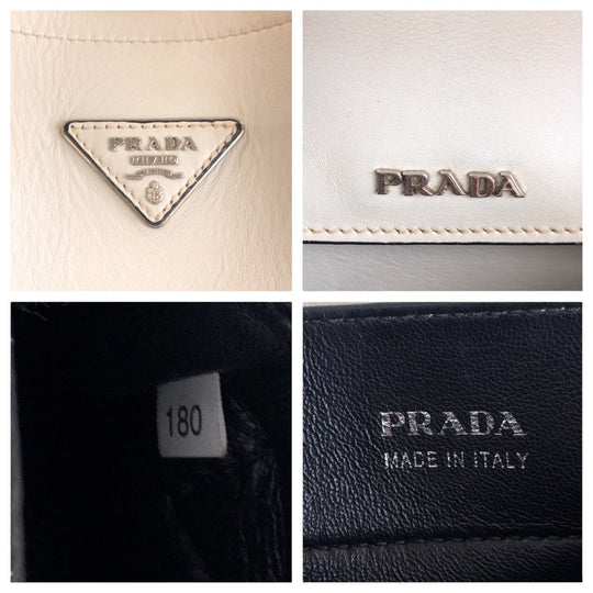 PRADA Tote Bag leather White SilverMetal Tote Bag Shoulder Bag Triangle With logo Women Used Authentic
