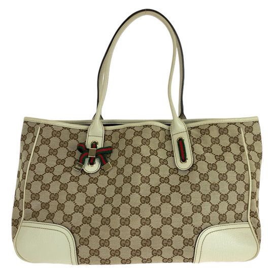 GUCCI Tote Bag 163805 GG canvas, leather White Brown Gold Metal Tote Bag Shoulder Bag Sherry line Pretty Women Used Authentic