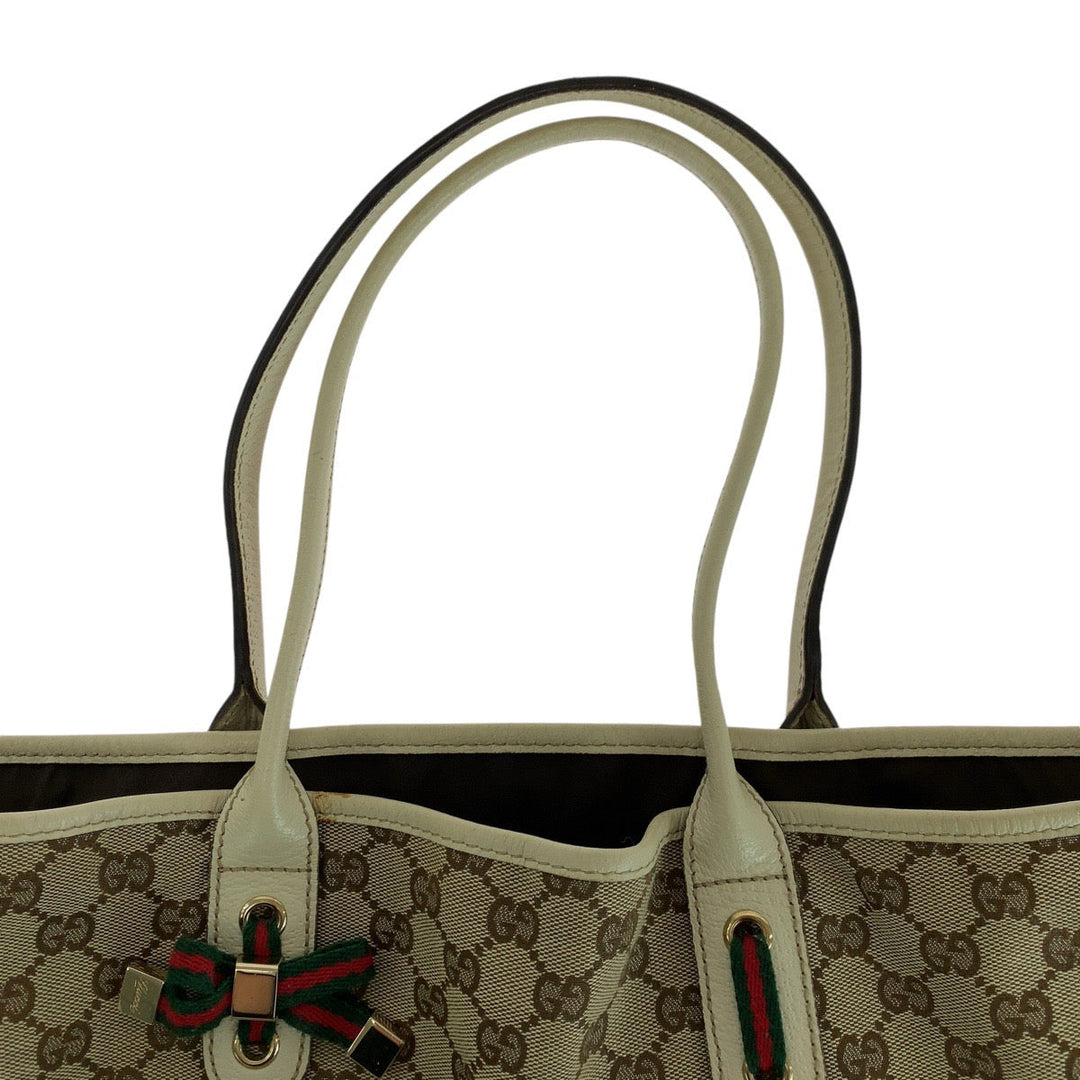 GUCCI Tote Bag 163805 GG canvas, leather White Brown Gold Metal Tote Bag Shoulder Bag Sherry line Pretty Women Used Authentic