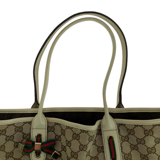 GUCCI Tote Bag 163805 GG canvas, leather White Brown Gold Metal Tote Bag Shoulder Bag Sherry line Pretty Women Used Authentic