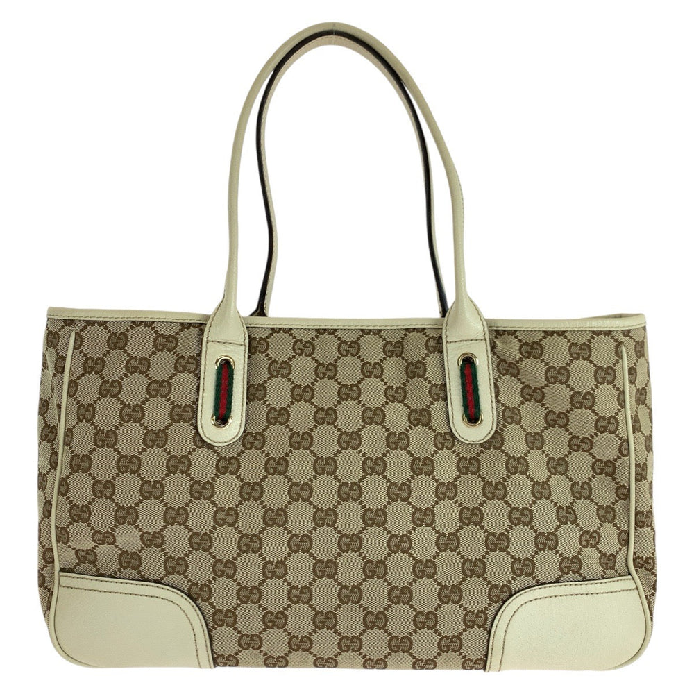 GUCCI Tote Bag 163805 GG canvas, leather White Brown Gold Metal Tote Bag Shoulder Bag Sherry line Pretty Women Used Authentic