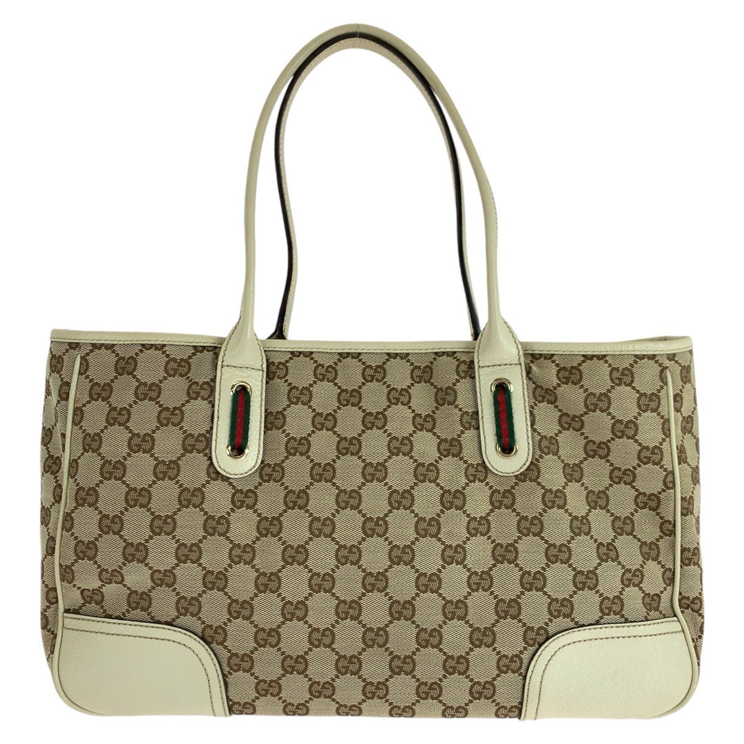 GUCCI Tote Bag 163805 GG canvas, leather White Brown Gold Metal Tote Bag Shoulder Bag Sherry line Pretty Women Used Authentic