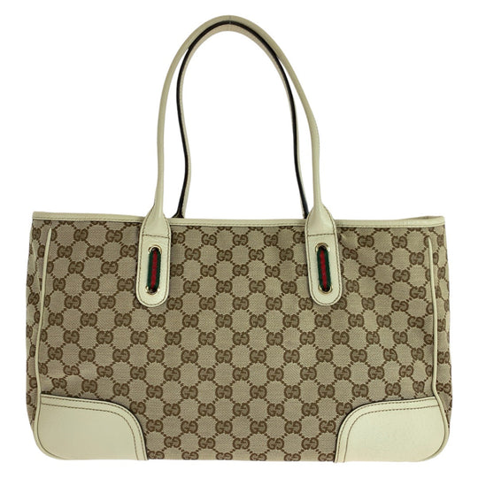 GUCCI Tote Bag 163805 GG canvas, leather White Brown Gold Metal Tote Bag Shoulder Bag Sherry line Pretty Women Used Authentic