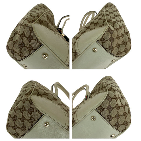 GUCCI Tote Bag 163805 GG canvas, leather White Brown Gold Metal Tote Bag Shoulder Bag Sherry line Pretty Women Used Authentic