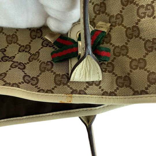 GUCCI Tote Bag 163805 GG canvas, leather White Brown Gold Metal Tote Bag Shoulder Bag Sherry line Pretty Women Used Authentic