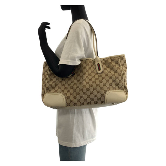 GUCCI Tote Bag 163805 GG canvas, leather White Brown Gold Metal Tote Bag Shoulder Bag Sherry line Pretty Women Used Authentic