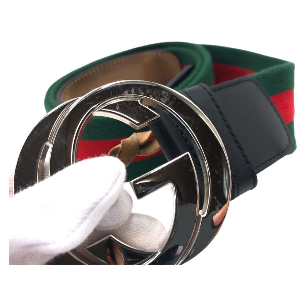 GUCCI belt cotton Green Red Silver Sherry line Interlocking G