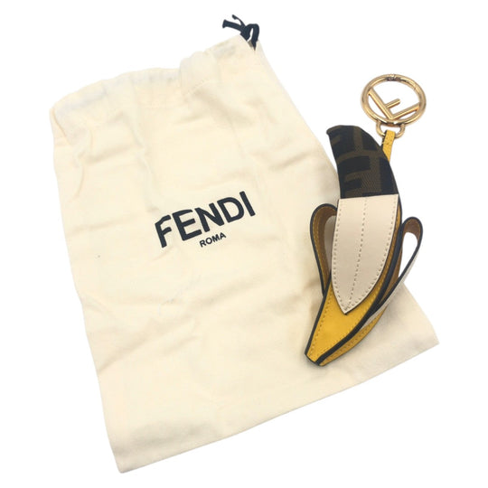 FENDI key ring Cotton, Metal Brown Yellow Gold Keychains Unisex Zucca Banana Women Used Authentic