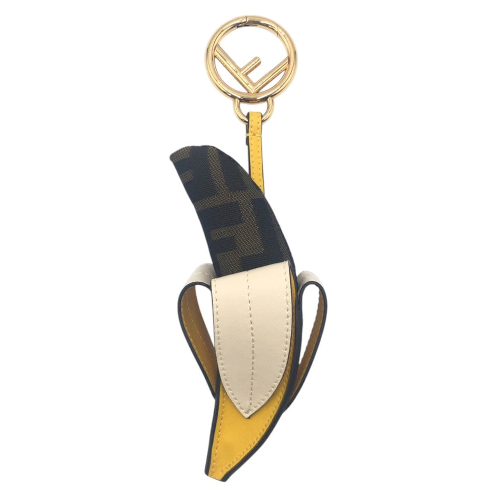 FENDI key ring Cotton, Metal Brown Yellow Gold Keychains Unisex Zucca Banana Women Used Authentic