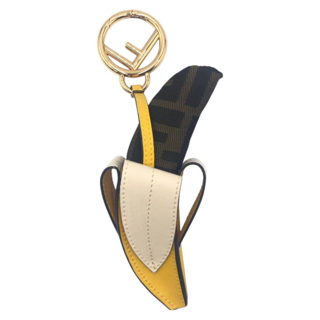 FENDI key ring Cotton, Metal Brown Yellow Gold Keychains Unisex Zucca Banana Women Used Authentic
