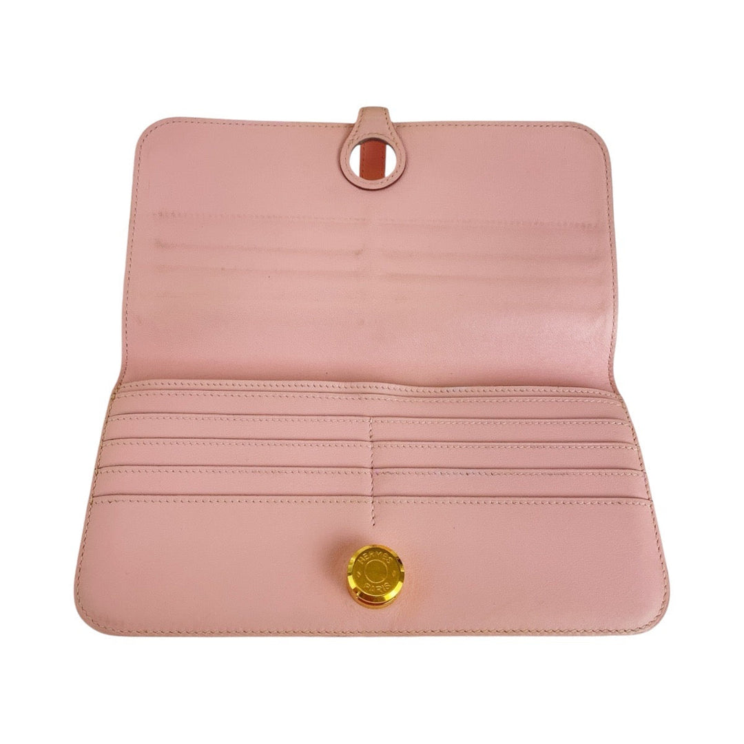 HERMES Long Wallet Purse Vaux Swift Pink Rose Sakura Long Wallet Purse Dogon Long Women Used Authentic