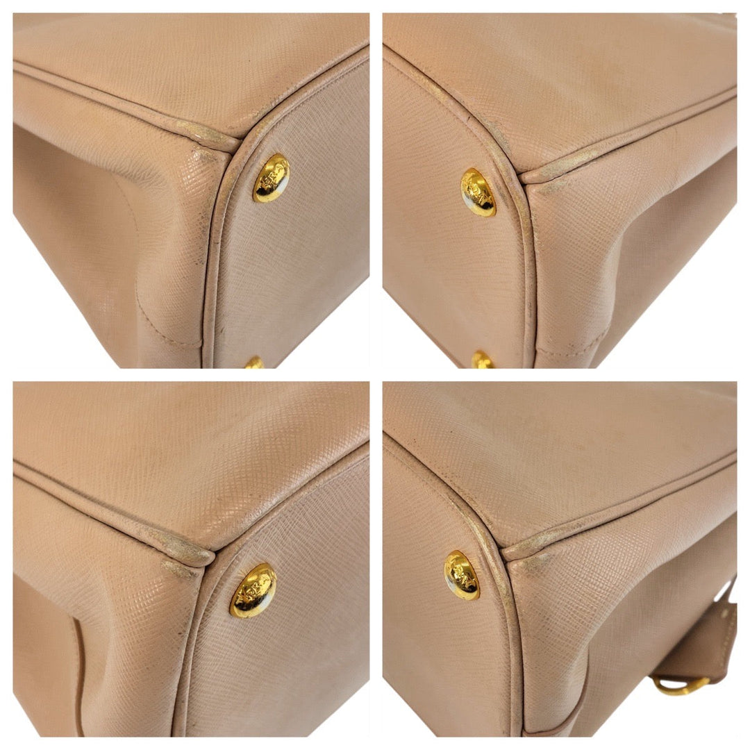 PRADA Handbag leather Beige Gold Metal Handbag Crossbody Shoulder Bag 2way Safiano Galleria TriangleWith logo Women Used Authentic