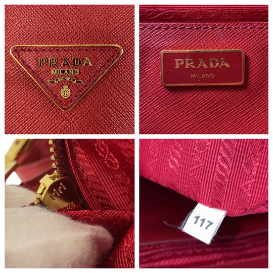 PRADA Handbag leather Red Gold Metal Handbag Safiano Galleria Women Used Authentic