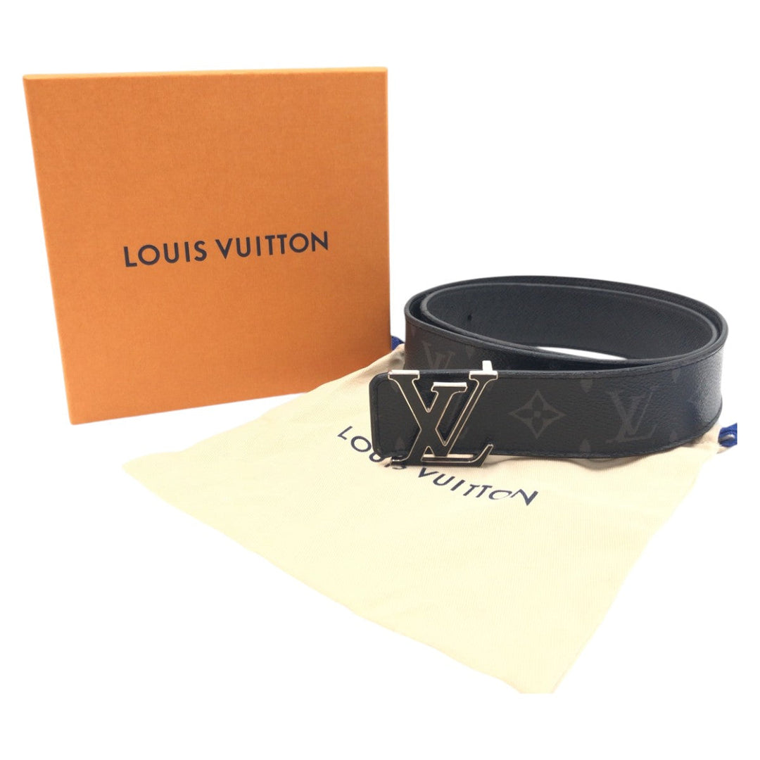 LOUIS VUITTON belt M0157 leather Black Grey Silver Monogram Saint Tulle Initial Reversible mens Used Authentic