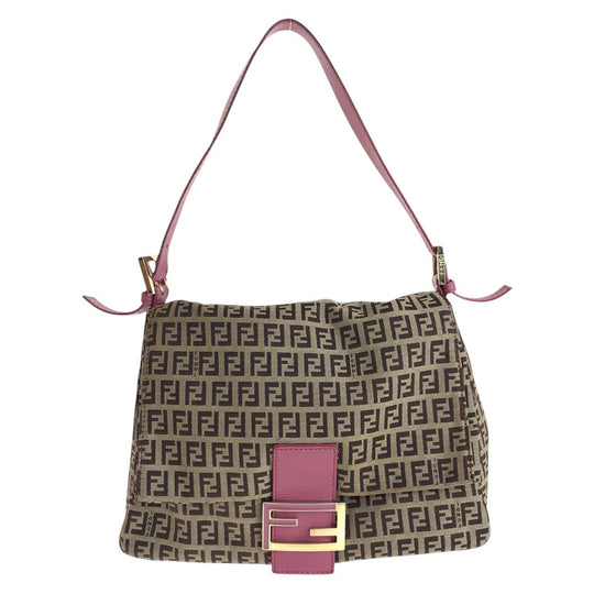 FENDI Shoulder Bag Canvas, Leather Brown Pink Gold Metal Shoulder Bag Zucchino Mamma Bucket Women Used Authentic