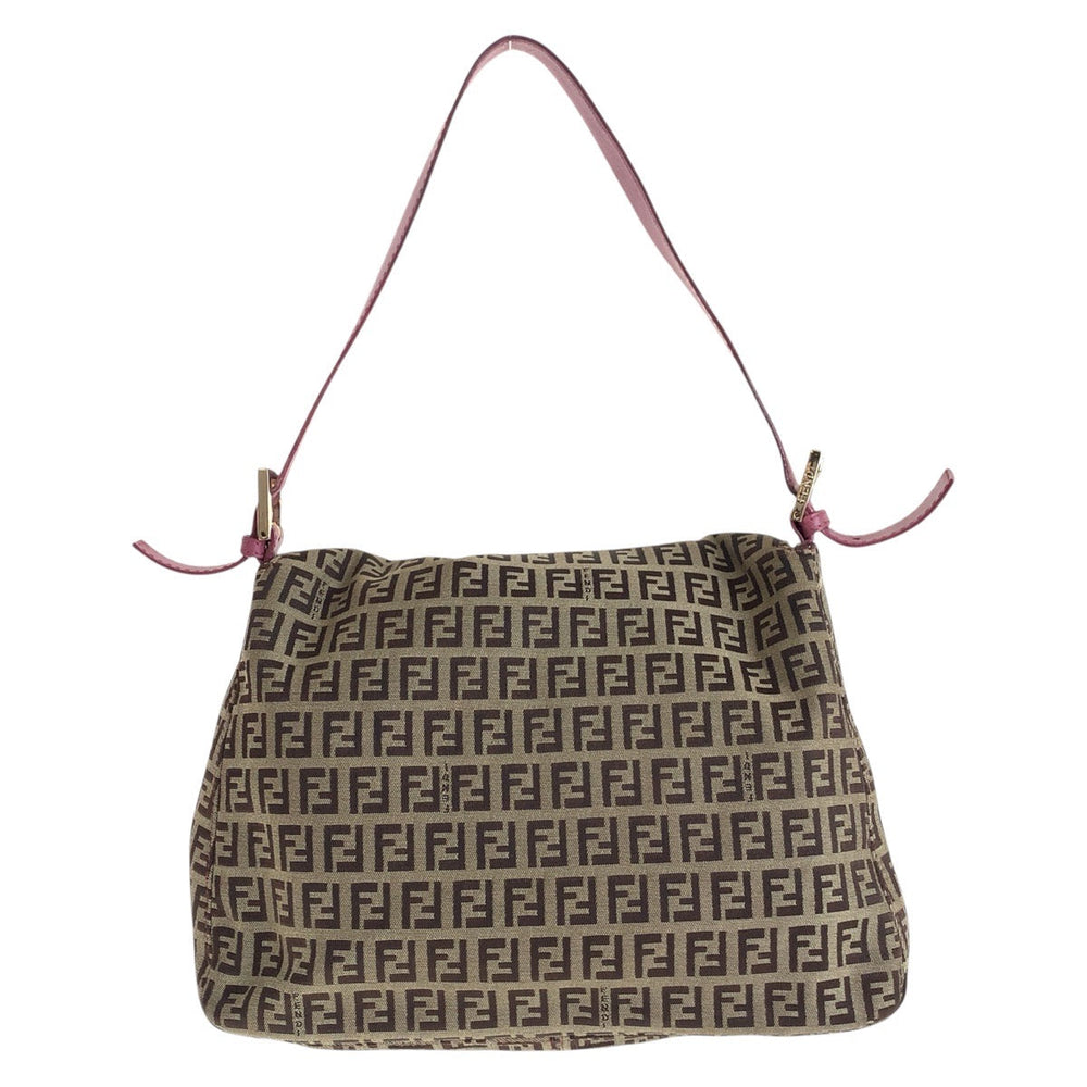 FENDI Shoulder Bag Canvas, Leather Brown Pink Gold Metal Shoulder Bag Zucchino Mamma Bucket Women Used Authentic