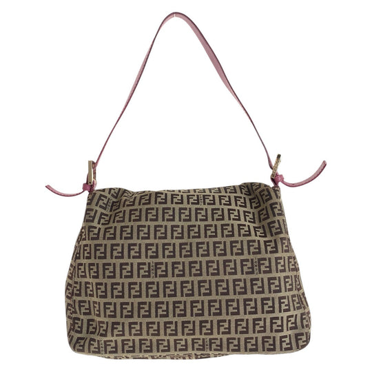 FENDI Shoulder Bag Canvas, Leather Brown Pink Gold Metal Shoulder Bag Zucchino Mamma Bucket Women Used Authentic