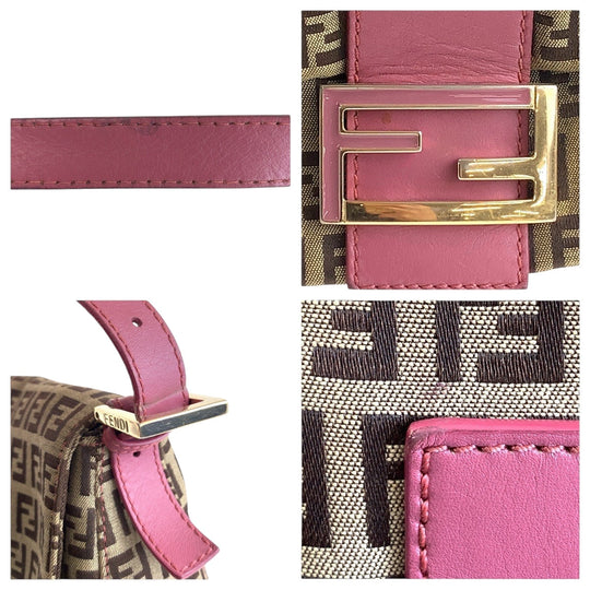 FENDI Shoulder Bag Canvas, Leather Brown Pink Gold Metal Shoulder Bag Zucchino Mamma Bucket Women Used Authentic