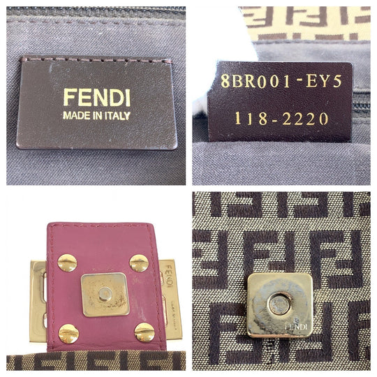 FENDI Shoulder Bag Canvas, Leather Brown Pink Gold Metal Shoulder Bag Zucchino Mamma Bucket Women Used Authentic
