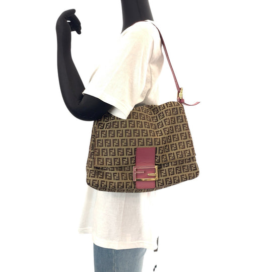 FENDI Shoulder Bag Canvas, Leather Brown Pink Gold Metal Shoulder Bag Zucchino Mamma Bucket Women Used Authentic