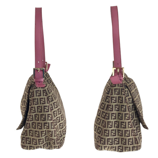 FENDI Shoulder Bag Canvas, Leather Brown Pink Gold Metal Shoulder Bag Zucchino Mamma Bucket Women Used Authentic