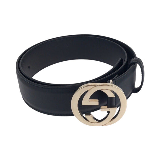 GUCCI belt 370543 leather black Belts Unisex Interlocking mens 30 Used Authentic