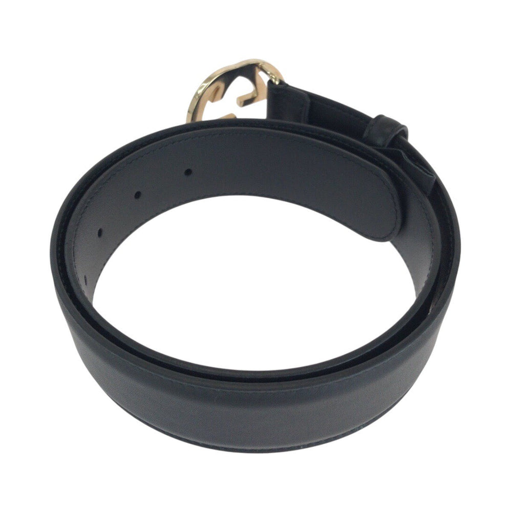 GUCCI belt 370543 leather black Belts Unisex Interlocking mens 30 Used Authentic