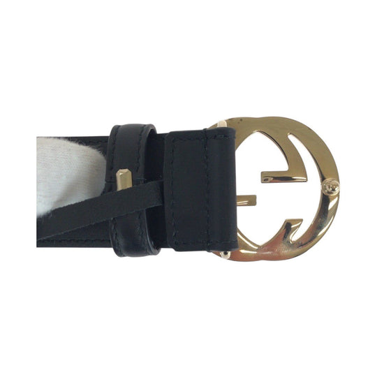 GUCCI belt 370543 leather black Belts Unisex Interlocking mens 30 Used Authentic