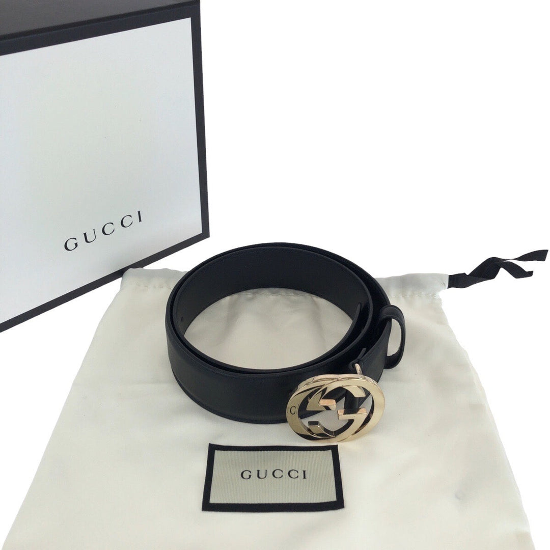 GUCCI belt 370543 leather black Belts Unisex Interlocking mens 30 Used Authentic