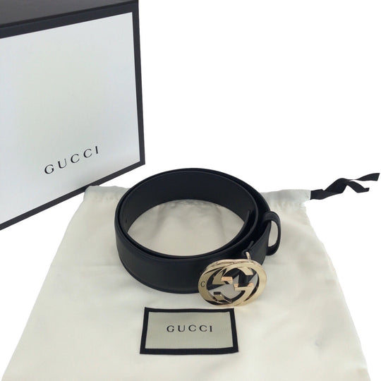 GUCCI belt 370543 leather black Belts Unisex Interlocking mens 30 Used Authentic