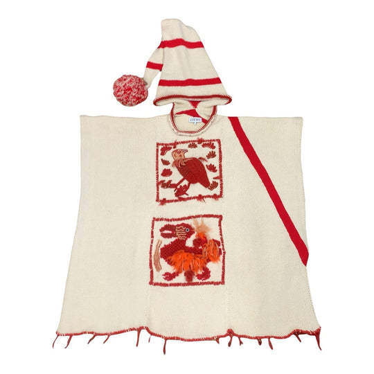 LOEWE poncho wool Ivory Red Embroidered knit poncho mens One Size Used Authentic