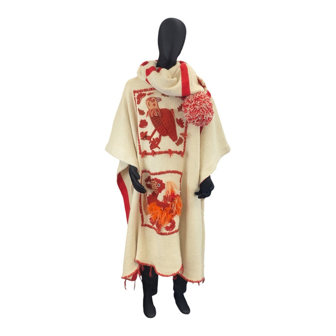 LOEWE poncho wool Ivory Red Embroidered knit poncho mens One Size Used Authentic
