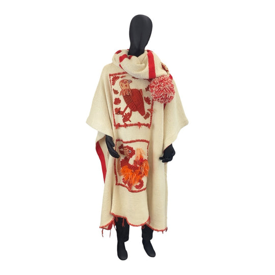 LOEWE poncho wool Ivory Red Embroidered knit poncho mens One Size Used Authentic