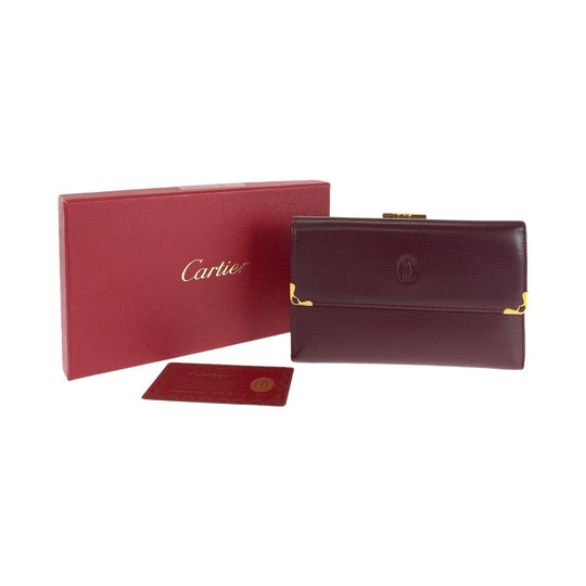 CARTIER Tri-fold wallet leather Wine Red Bordeaux Folding wallet Compact wallet Must Line Women Used Authentic