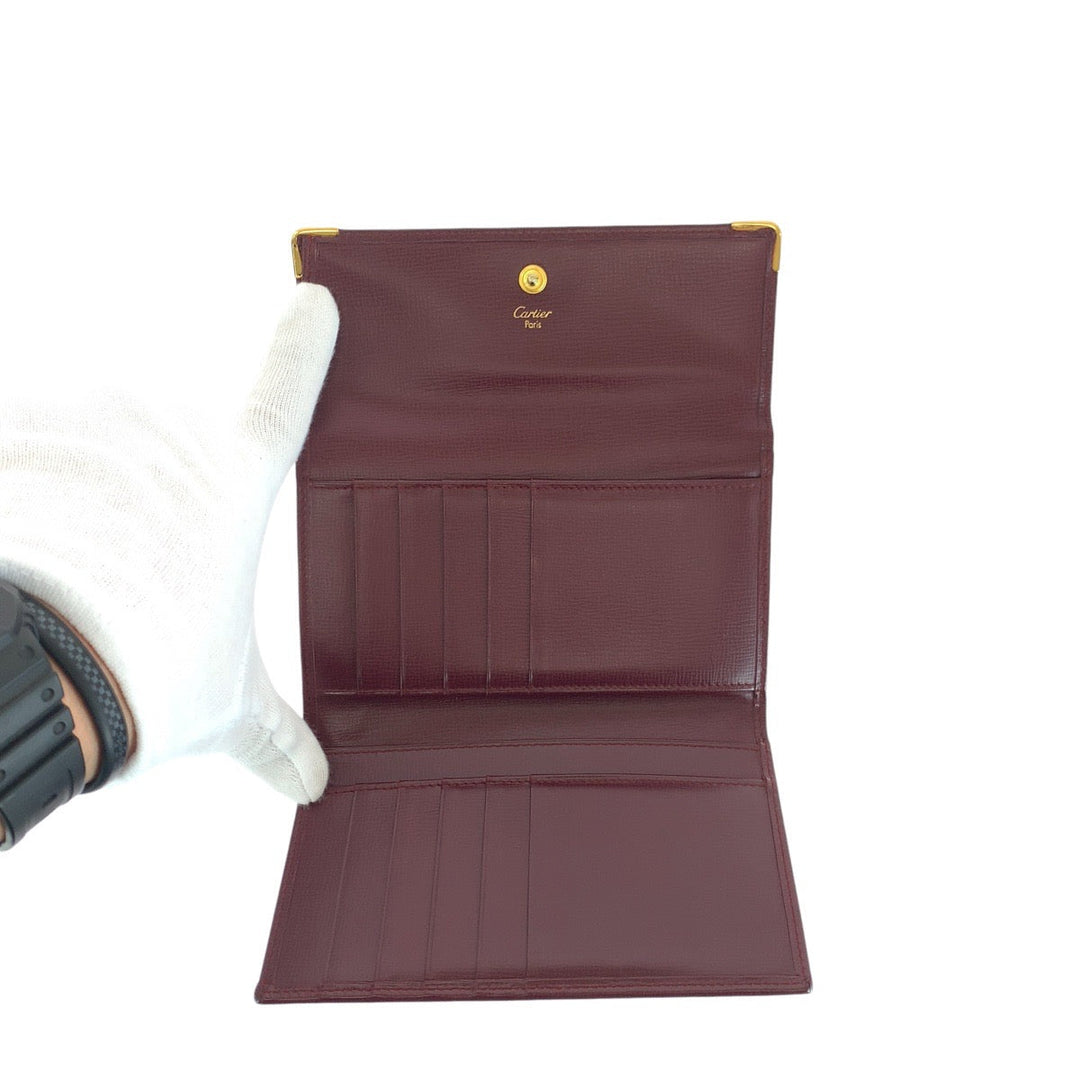 CARTIER Tri-fold wallet leather Wine Red Bordeaux Folding wallet Compact wallet Must Line Women Used Authentic