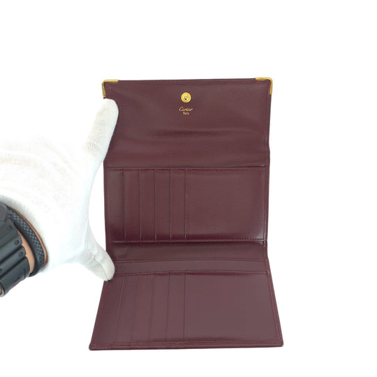 CARTIER Tri-fold wallet leather Wine Red Bordeaux Folding wallet Compact wallet Must Line Women Used Authentic