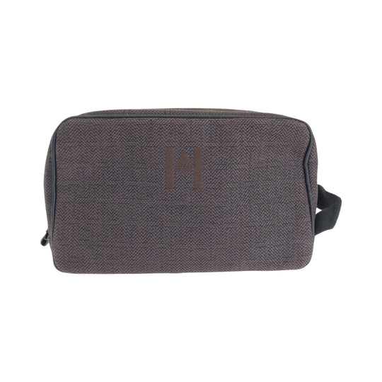 HERMES Pouch Towal chevron Brown Silver Metal Pouch business bag Globetrotter MM Women Used Authentic