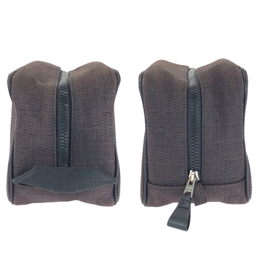 HERMES Pouch Towal chevron Brown Silver Metal Pouch business bag Globetrotter MM Women Used Authentic