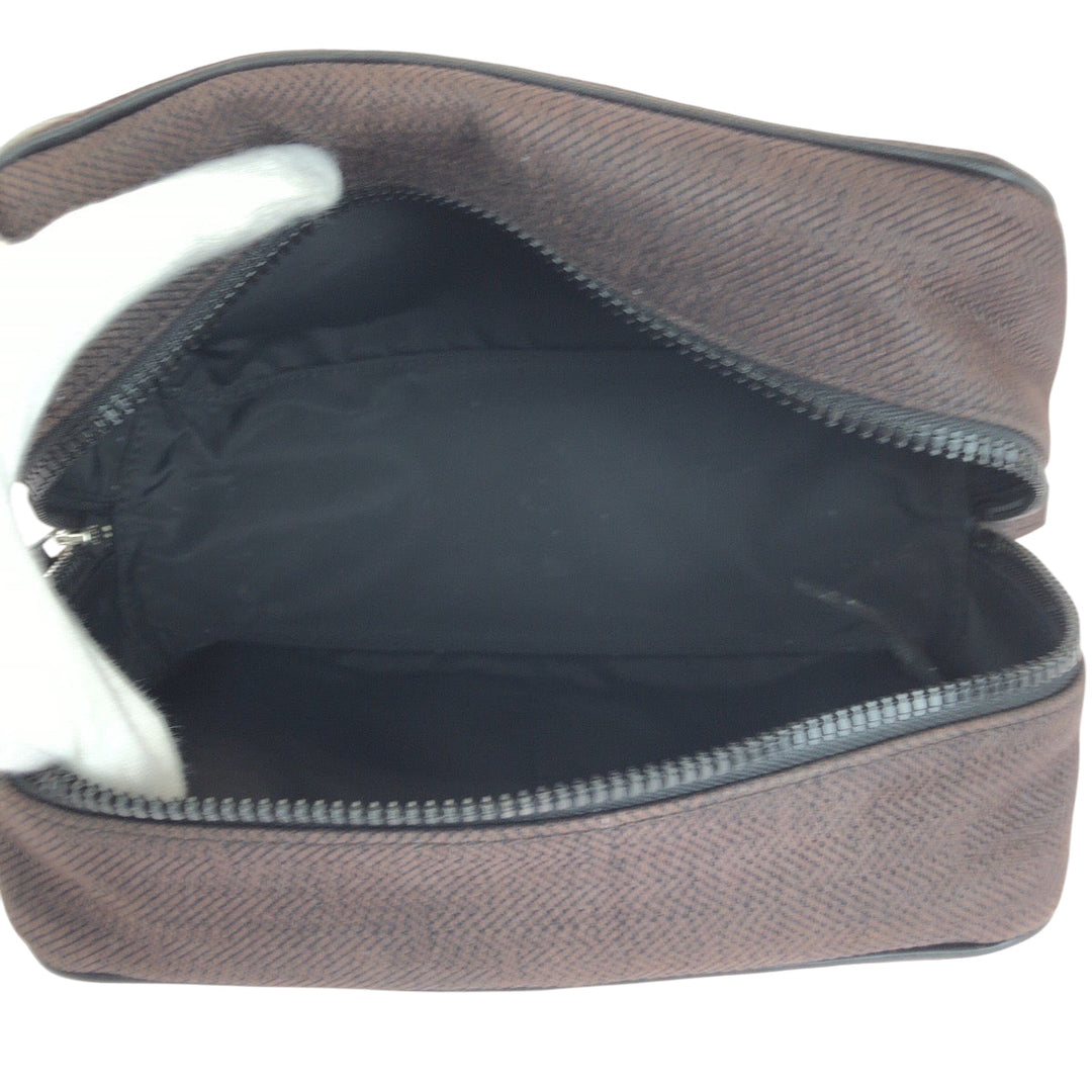 HERMES Pouch Towal chevron Brown Silver Metal Pouch business bag Globetrotter MM Women Used Authentic