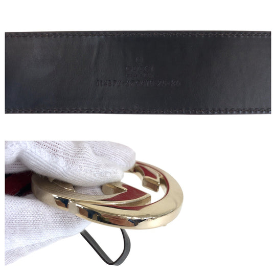GUCCI belt 114876 Canvas, Leather Red navy Belts Unisex Sherry line Interlocking mens 30 Used Authentic