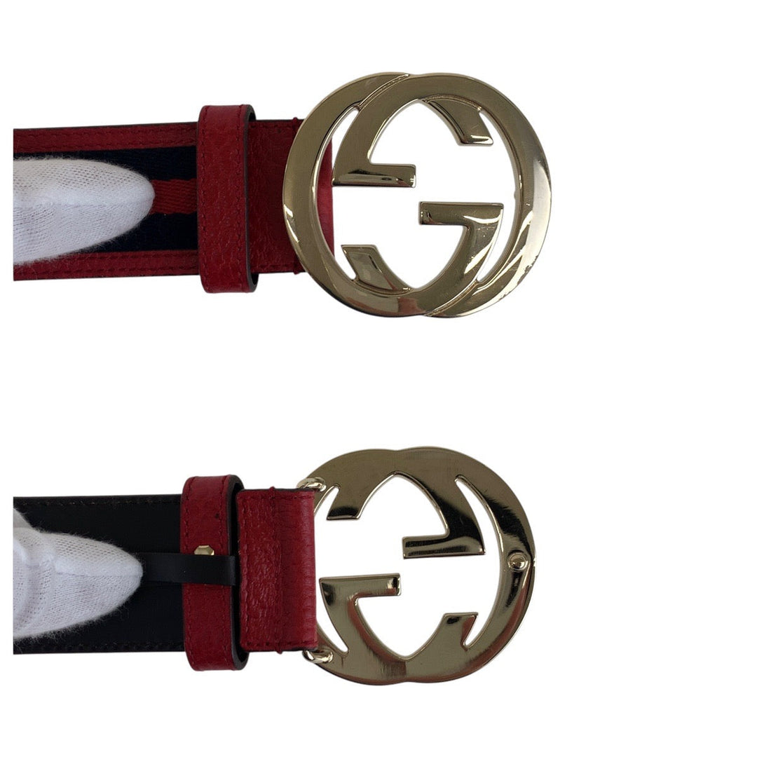 GUCCI belt 114876 Canvas, Leather Red navy Belts Unisex Sherry line Interlocking mens 30 Used Authentic